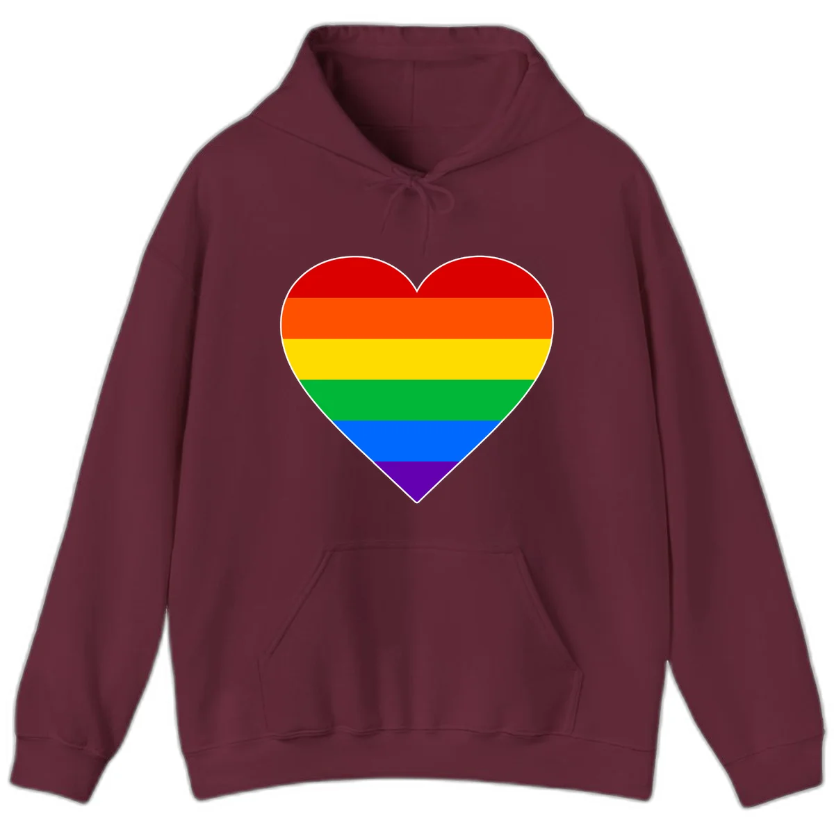 Rainbow pride heart with horizontal stripes in red, orange, yellow, green, blue, and purple colors on white outline in Maroon