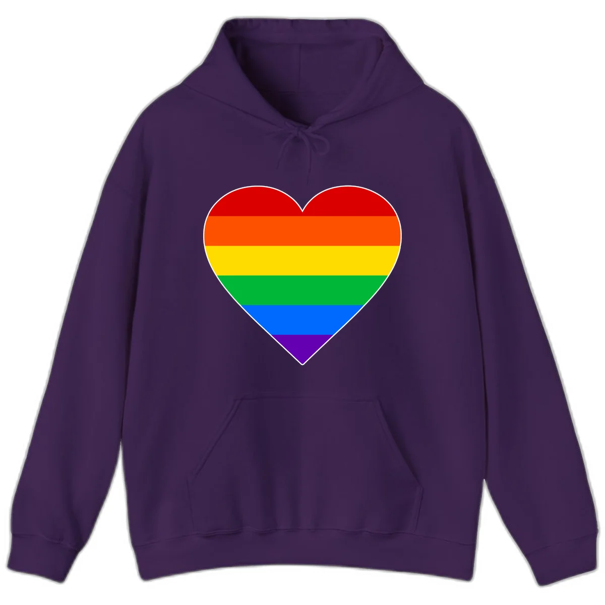Rainbow pride heart with horizontal stripes in red, orange, yellow, green, blue, and purple colors on white outline in Purple