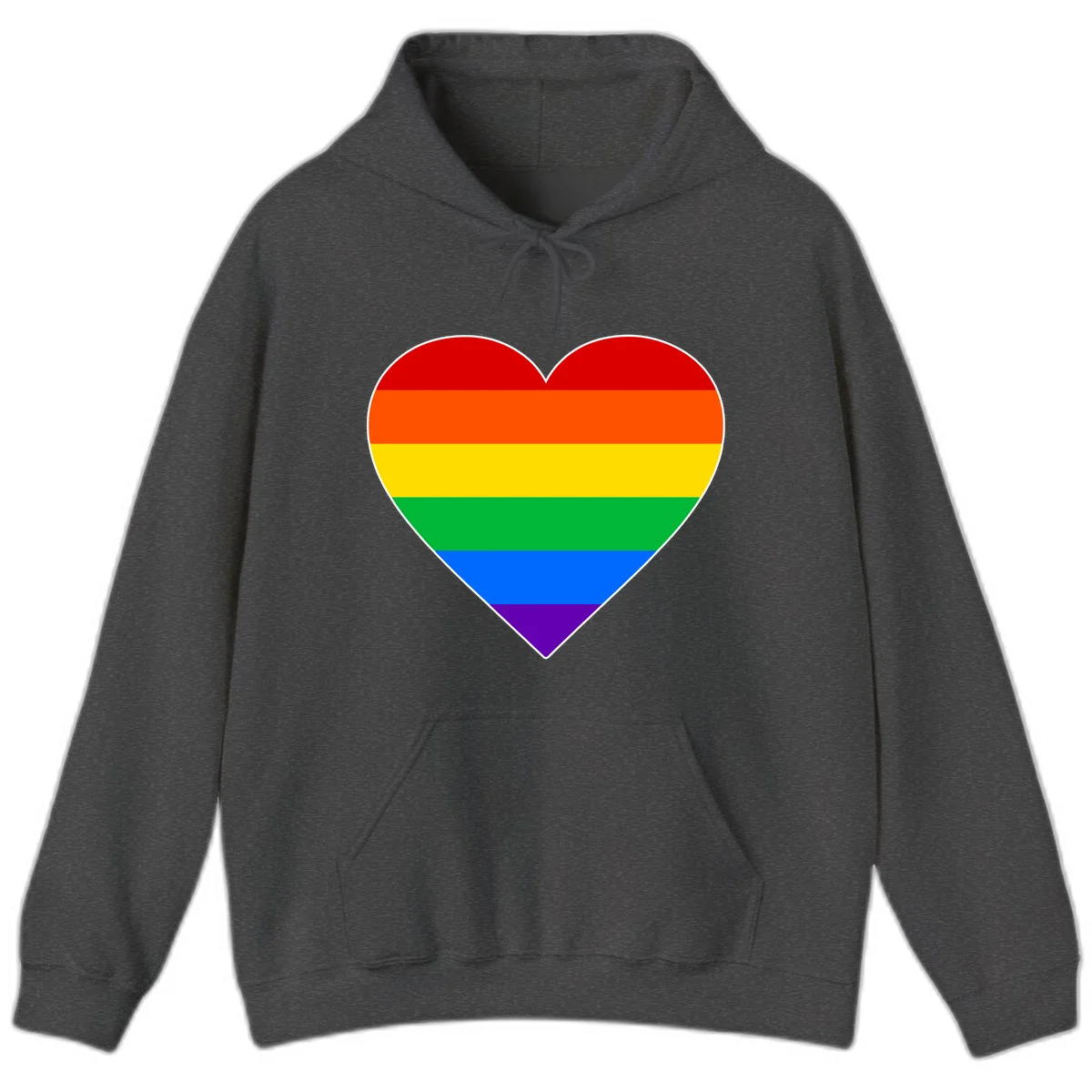 Rainbow pride heart with horizontal stripes in red, orange, yellow, green, blue, and purple colors on white outline in Dark Heather