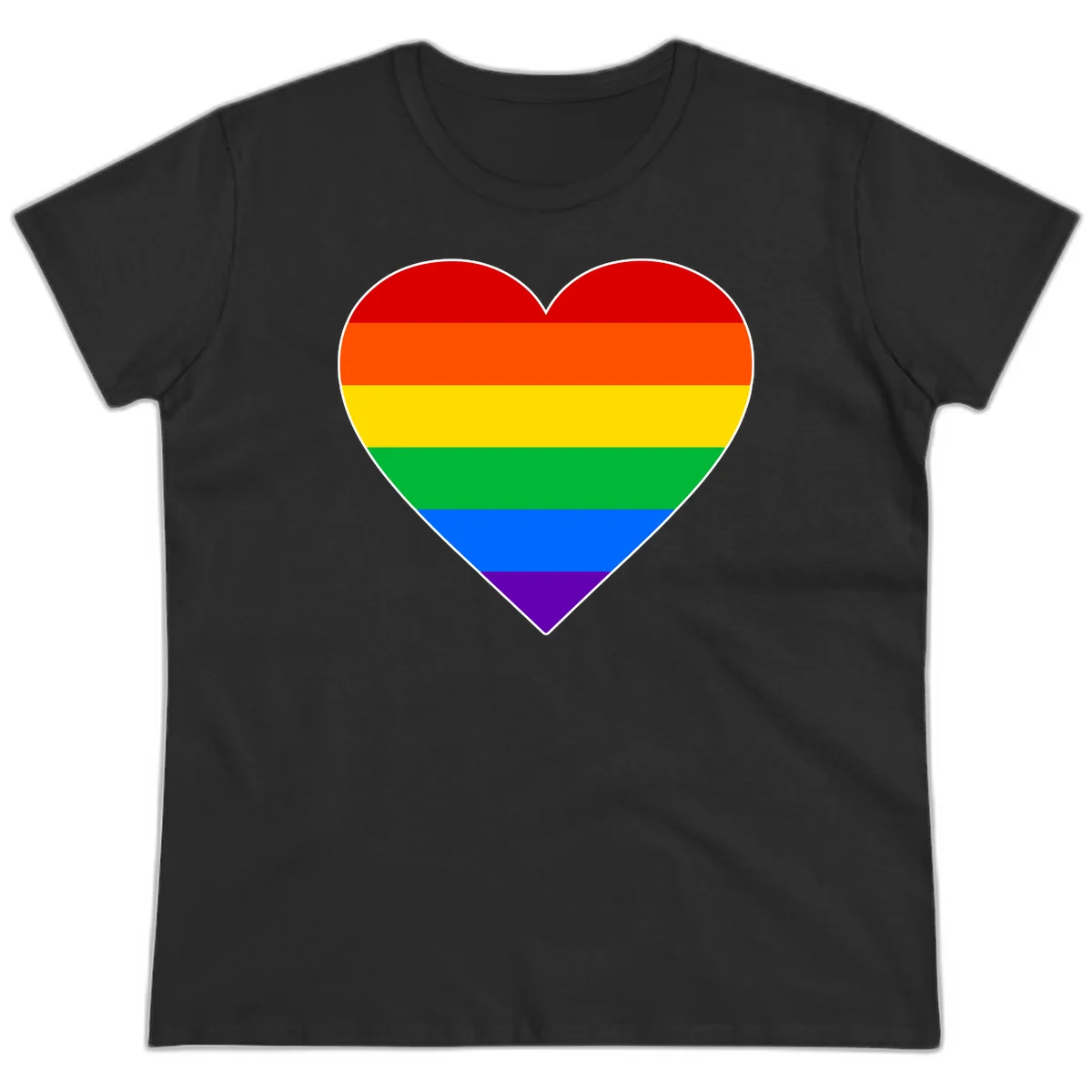 Rainbow pride heart with horizontal stripes in red, orange, yellow, green, blue, and purple colors on white outline in Black