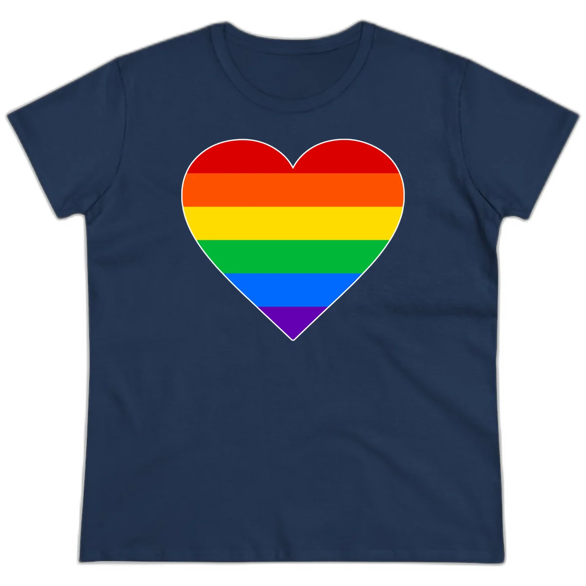 Rainbow pride heart with horizontal stripes in red, orange, yellow, green, blue, and purple colors on white outline in Navy