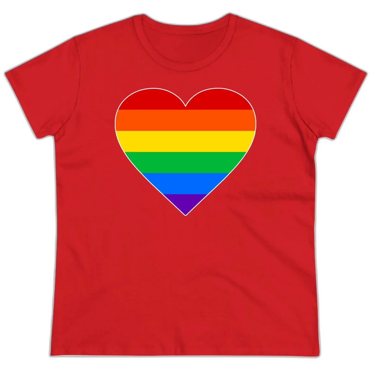 Rainbow pride heart with horizontal stripes in red, orange, yellow, green, blue, and purple colors on white outline in Red