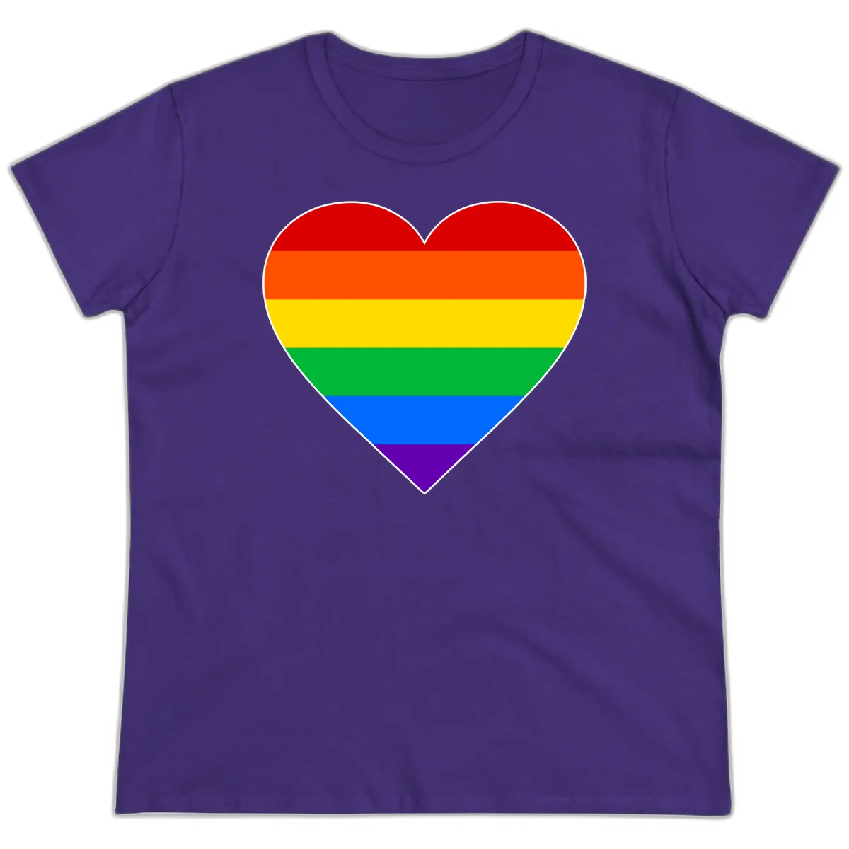 Rainbow pride heart with horizontal stripes in red, orange, yellow, green, blue, and purple colors on white outline in Purple