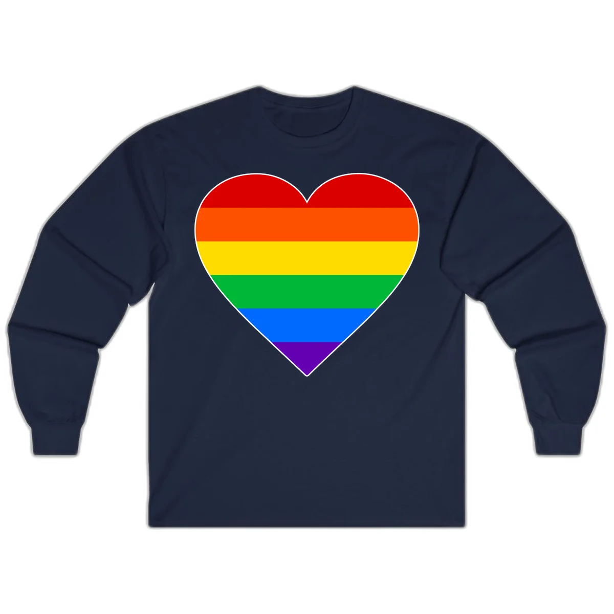 Rainbow pride heart with horizontal stripes in red, orange, yellow, green, blue, and purple colors on white outline in Navy