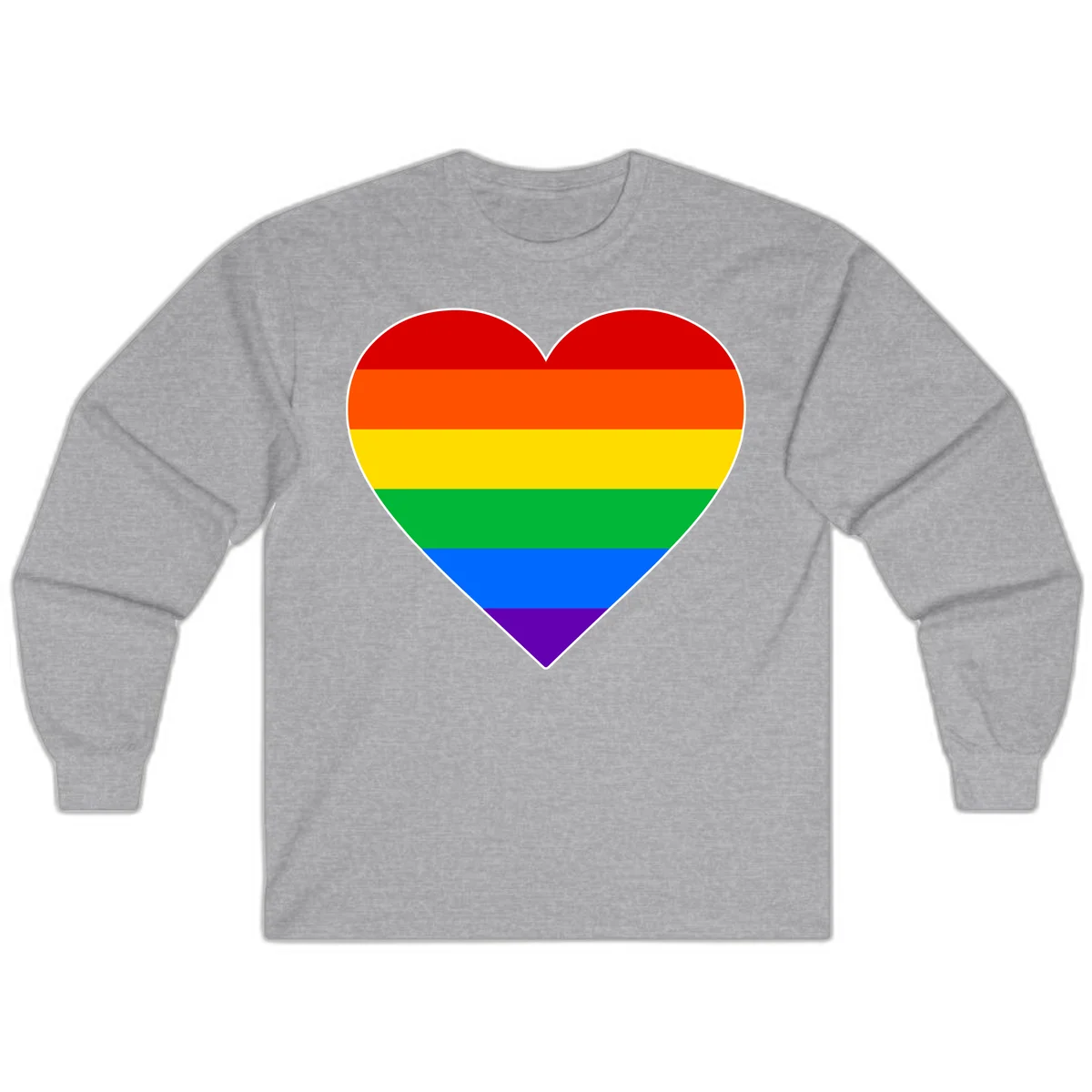 Rainbow pride heart with horizontal stripes in red, orange, yellow, green, blue, and purple colors on white outline in Sport Grey