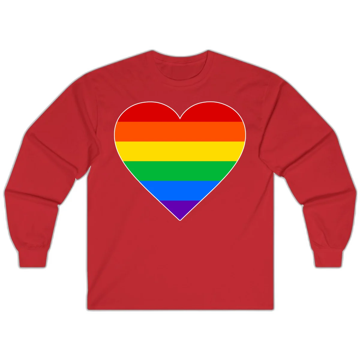 Rainbow pride heart with horizontal stripes in red, orange, yellow, green, blue, and purple colors on white outline in Red