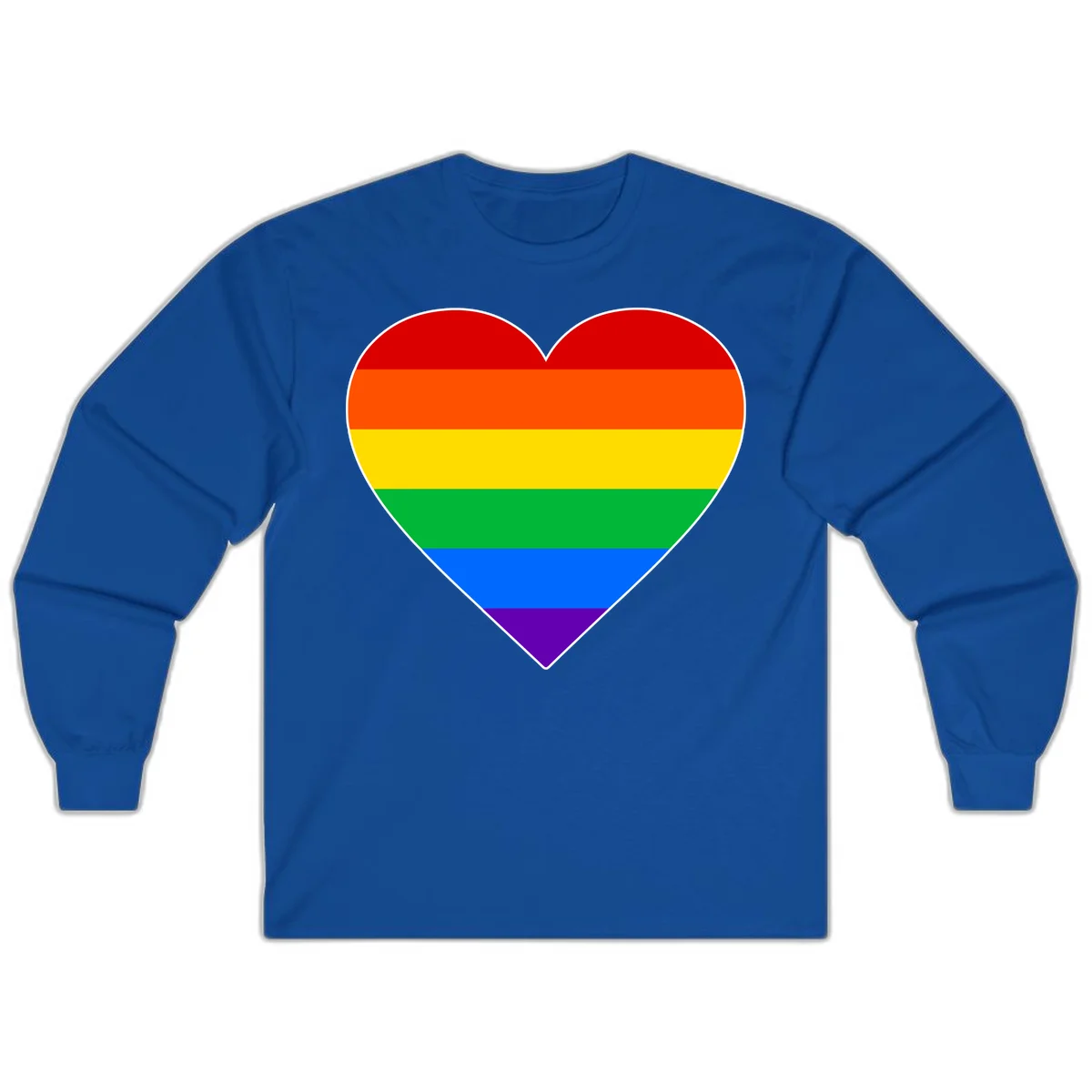 Rainbow pride heart with horizontal stripes in red, orange, yellow, green, blue, and purple colors on white outline in Royal