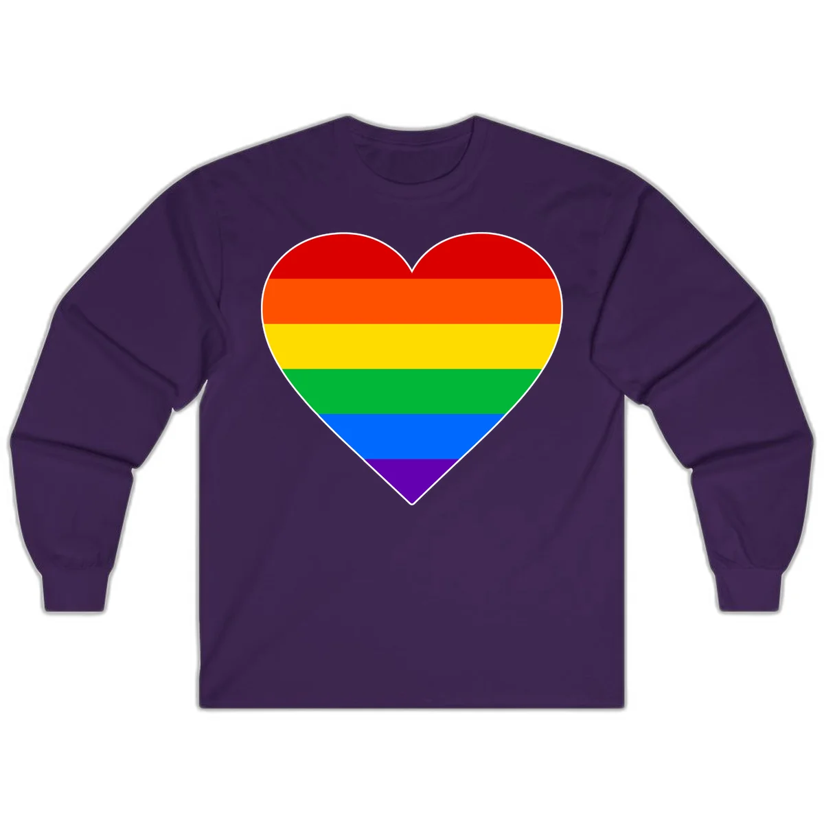 Rainbow pride heart with horizontal stripes in red, orange, yellow, green, blue, and purple colors on white outline in Purple