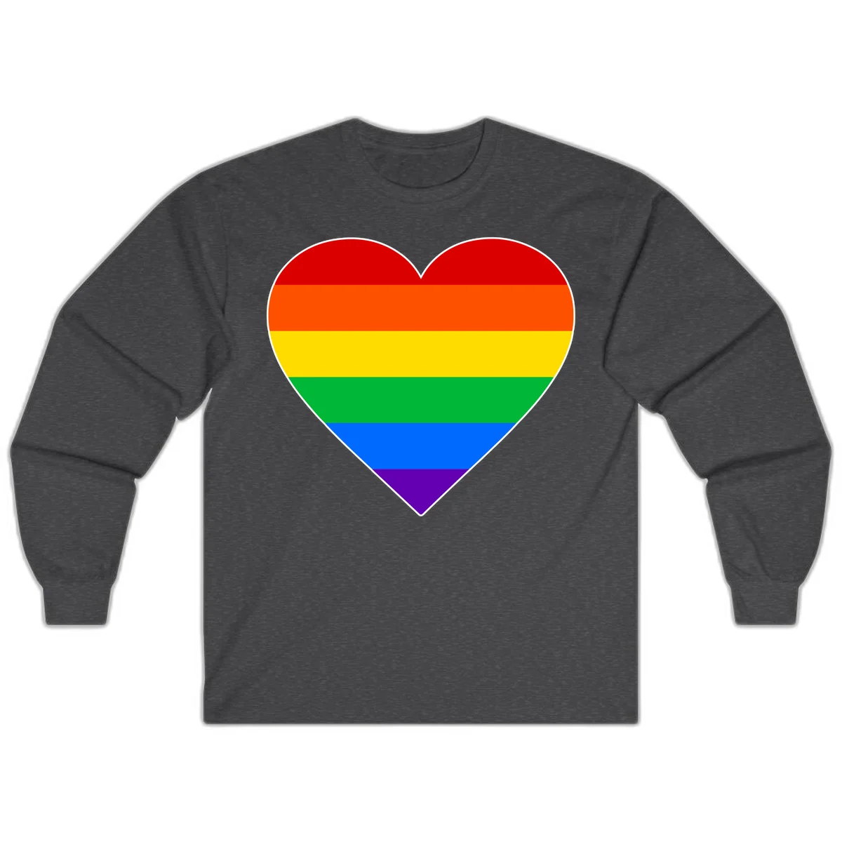 Rainbow pride heart with horizontal stripes in red, orange, yellow, green, blue, and purple colors on white outline in Dark Heather