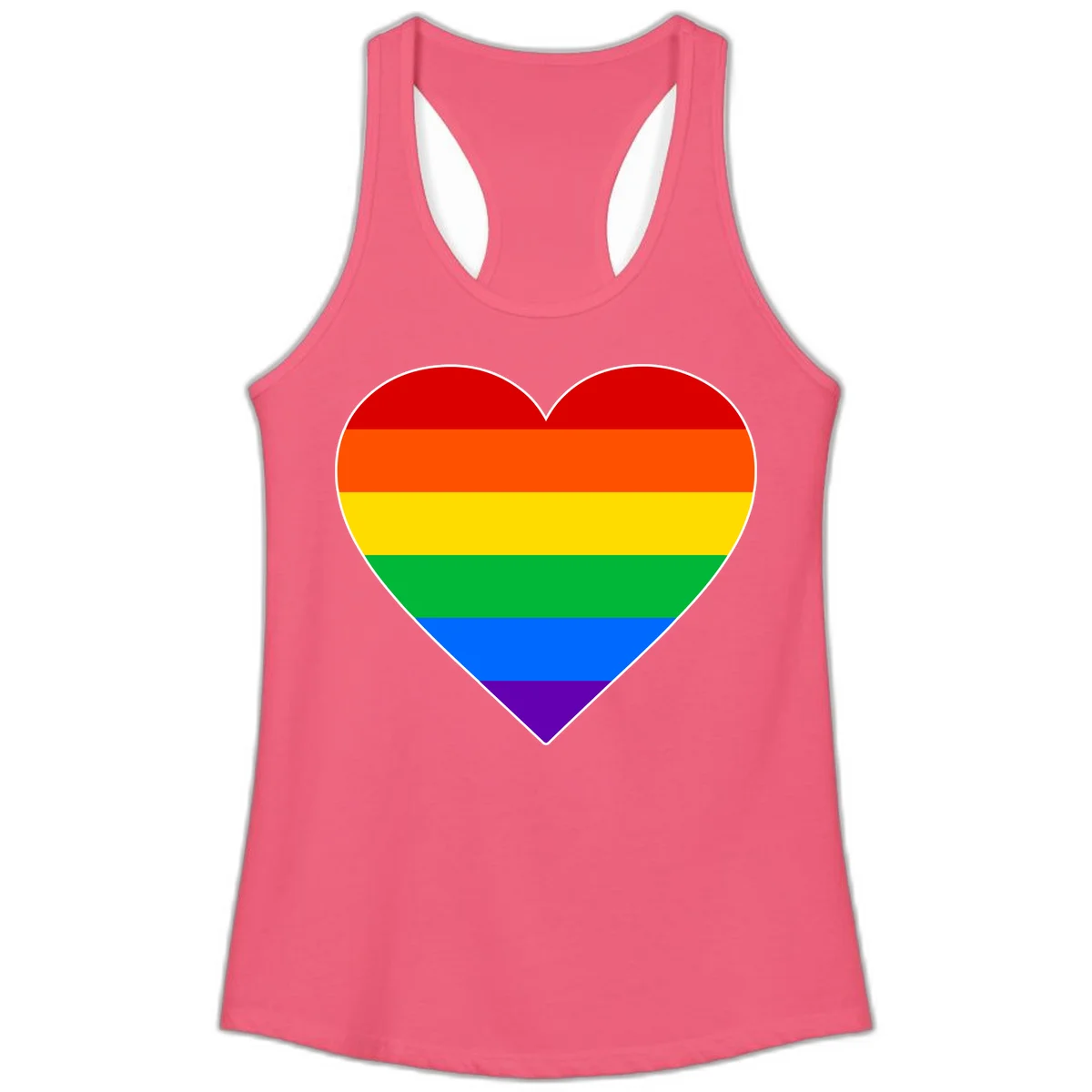 Rainbow pride heart with horizontal stripes in red, orange, yellow, green, blue, and purple colors on white outline in Hot Pink
