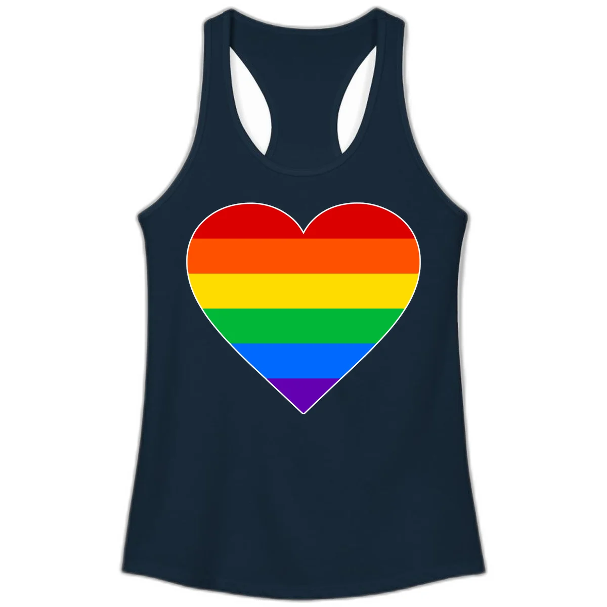 Rainbow pride heart with horizontal stripes in red, orange, yellow, green, blue, and purple colors on white outline in Solid Midnight Navy