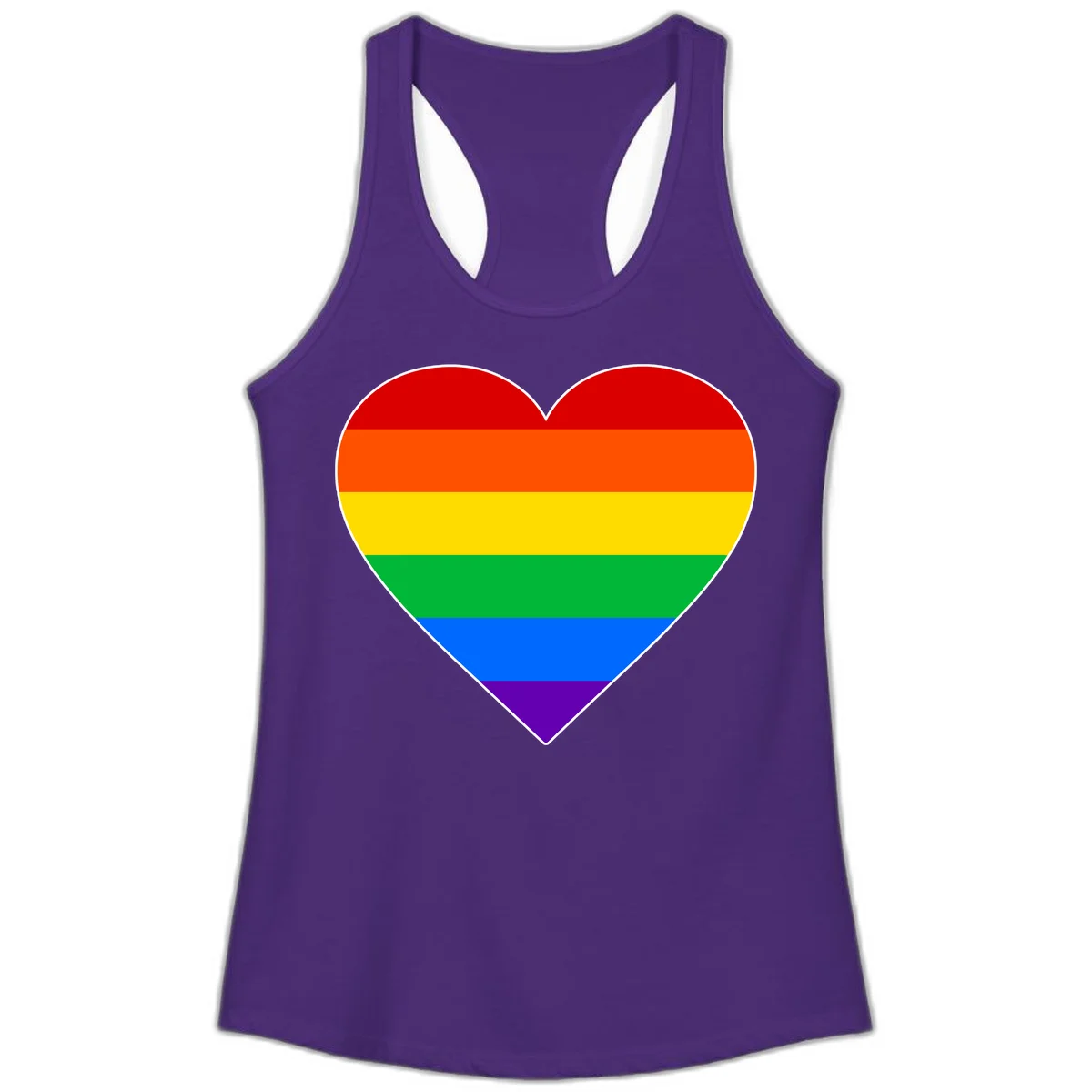 Rainbow pride heart with horizontal stripes in red, orange, yellow, green, blue, and purple colors on white outline in Solid Purple Rush