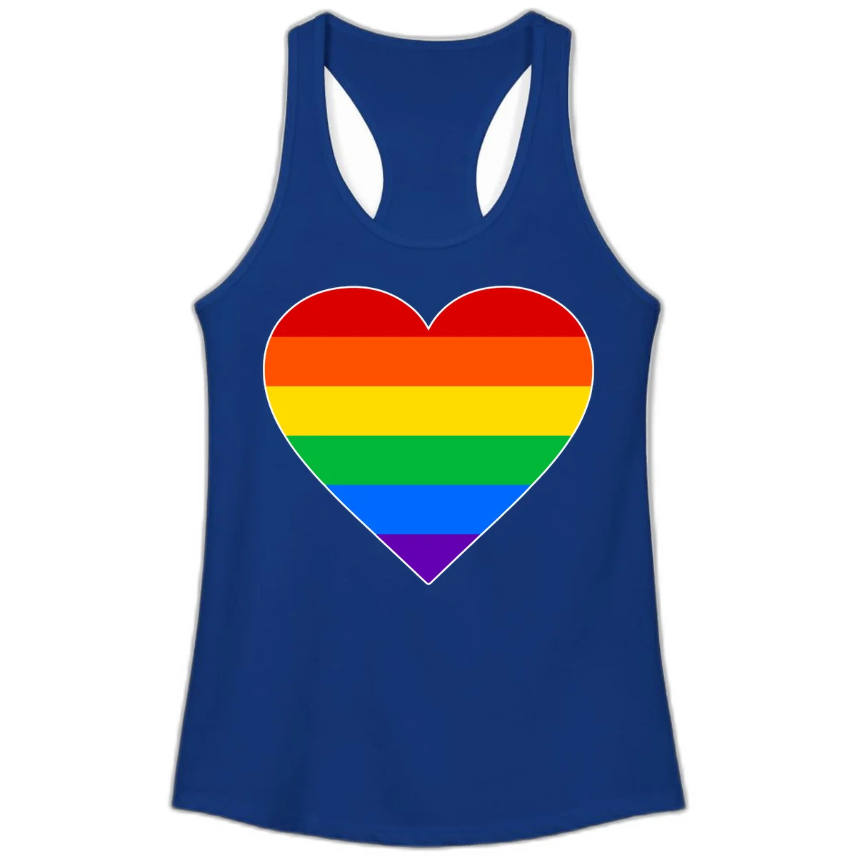 Rainbow pride heart with horizontal stripes in red, orange, yellow, green, blue, and purple colors on white outline in Solid Royal