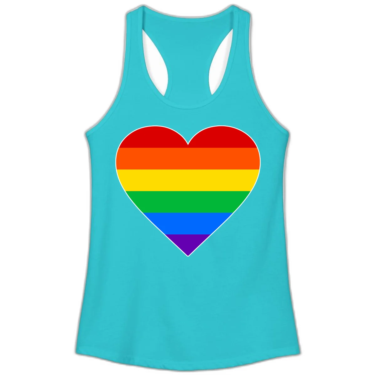 Rainbow pride heart with horizontal stripes in red, orange, yellow, green, blue, and purple colors on white outline in Solid Tahiti Blue