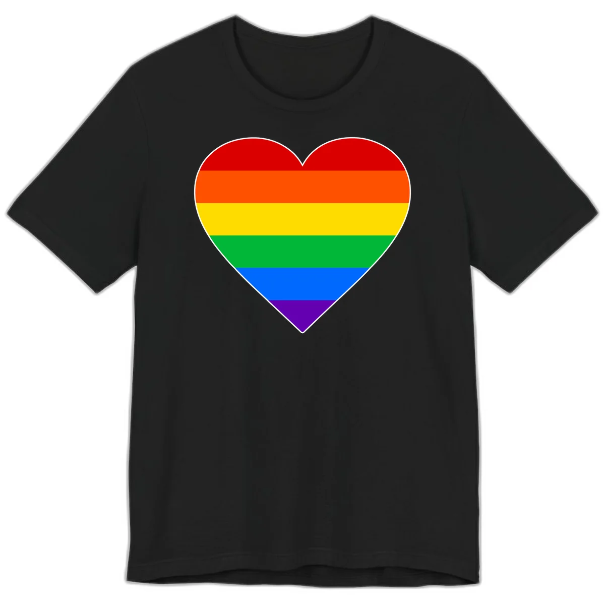Rainbow pride heart with horizontal stripes in red, orange, yellow, green, blue, and purple colors on white outline in Black