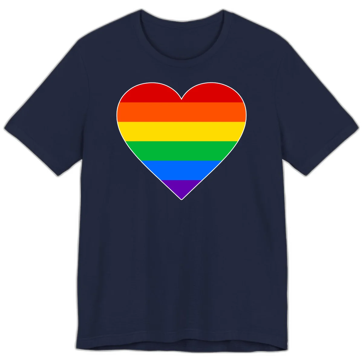 Rainbow pride heart with horizontal stripes in red, orange, yellow, green, blue, and purple colors on white outline in Navy