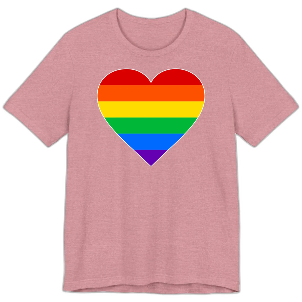 Rainbow pride heart with horizontal stripes in red, orange, yellow, green, blue, and purple colors on white outline in Heather Orchid