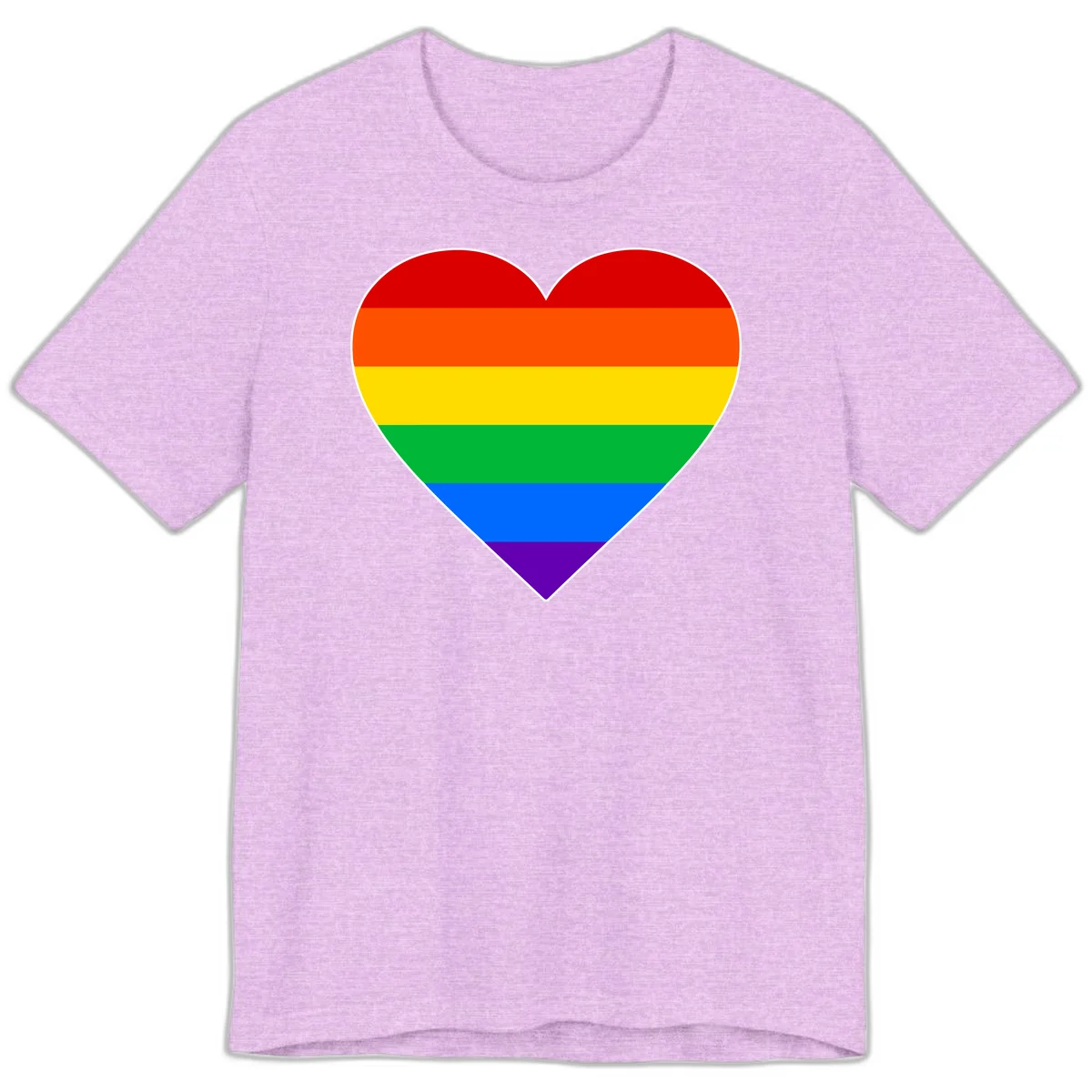 Rainbow pride heart with horizontal stripes in red, orange, yellow, green, blue, and purple colors on white outline in Heather Prism Lilac
