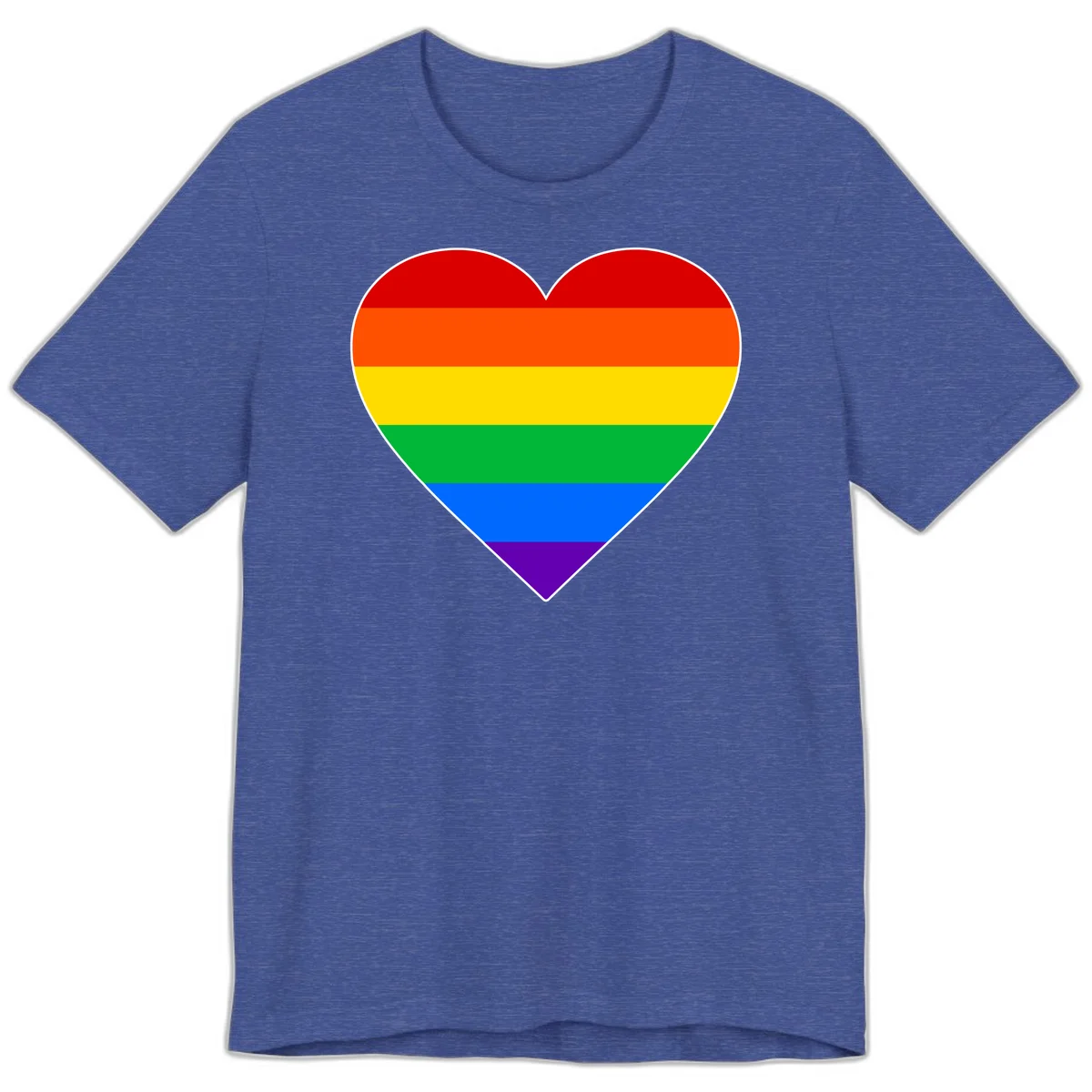Rainbow pride heart with horizontal stripes in red, orange, yellow, green, blue, and purple colors on white outline in Heather True Royal