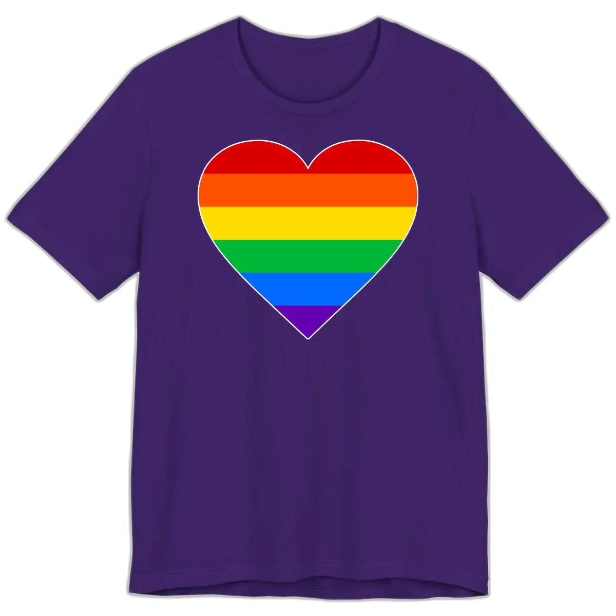 Rainbow pride heart with horizontal stripes in red, orange, yellow, green, blue, and purple colors on white outline in Team Purple