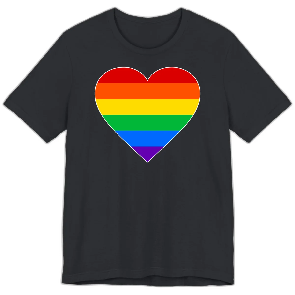Rainbow pride heart with horizontal stripes in red, orange, yellow, green, blue, and purple colors on white outline in Vintage Black