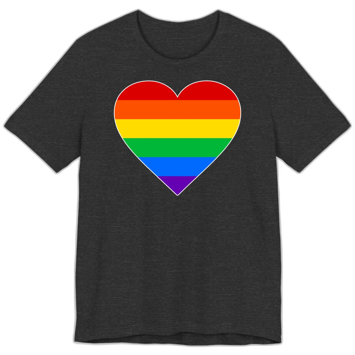 Rainbow pride heart with horizontal stripes in red, orange, yellow, green, blue, and purple colors on white outline in Dark Grey Heather