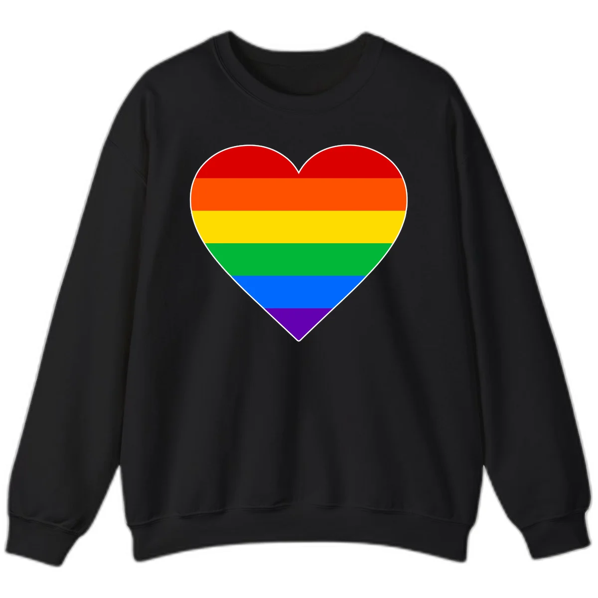Rainbow pride heart with horizontal stripes in red, orange, yellow, green, blue, and purple colors on white outline in Black
