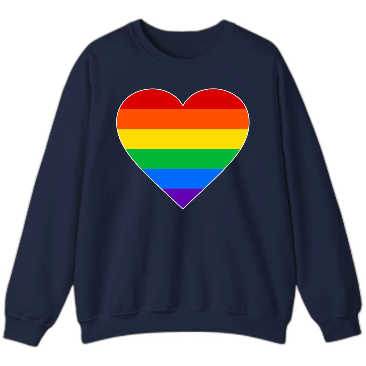 Rainbow pride heart with horizontal stripes in red, orange, yellow, green, blue, and purple colors on white outline in Navy