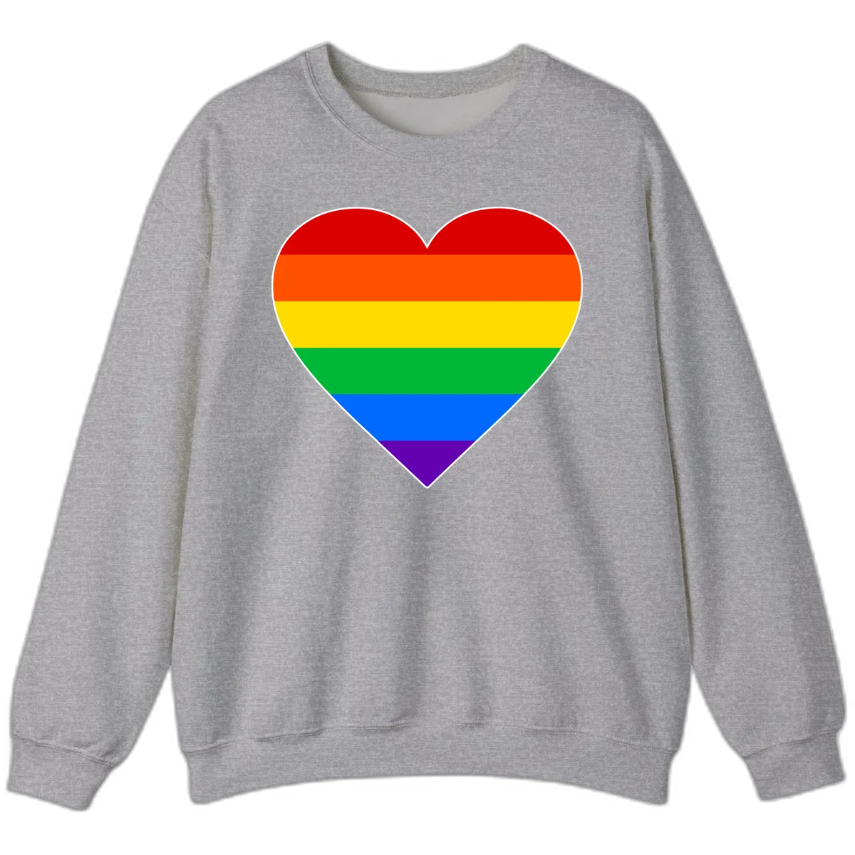 Rainbow pride heart with horizontal stripes in red, orange, yellow, green, blue, and purple colors on white outline in Sport Grey