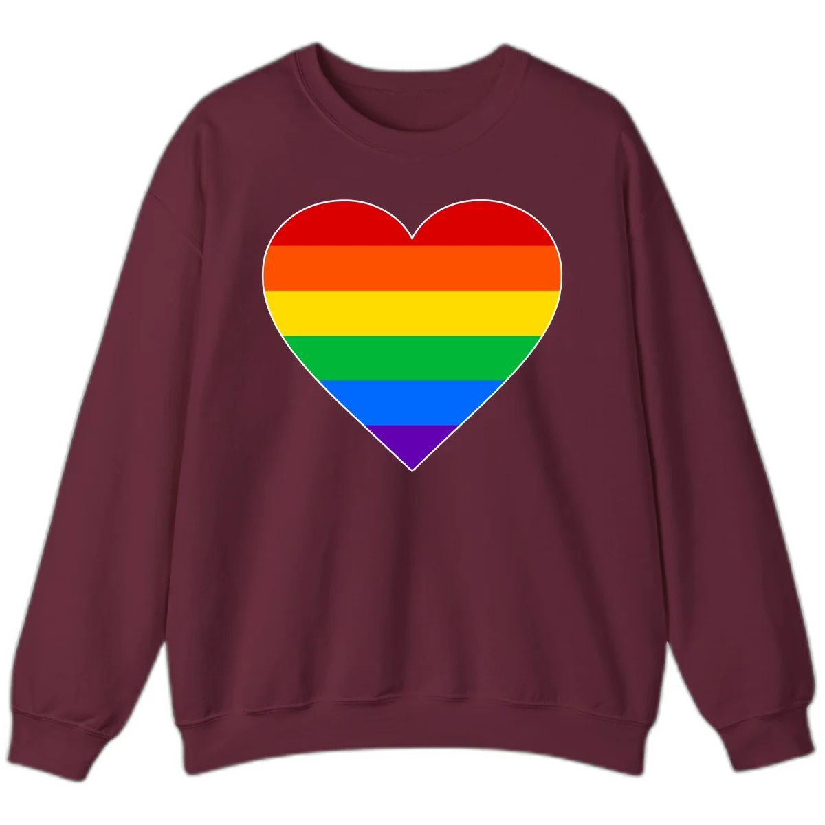 Rainbow pride heart with horizontal stripes in red, orange, yellow, green, blue, and purple colors on white outline in Maroon