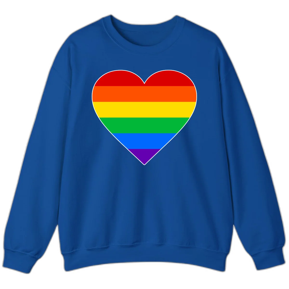 Rainbow pride heart with horizontal stripes in red, orange, yellow, green, blue, and purple colors on white outline in Royal