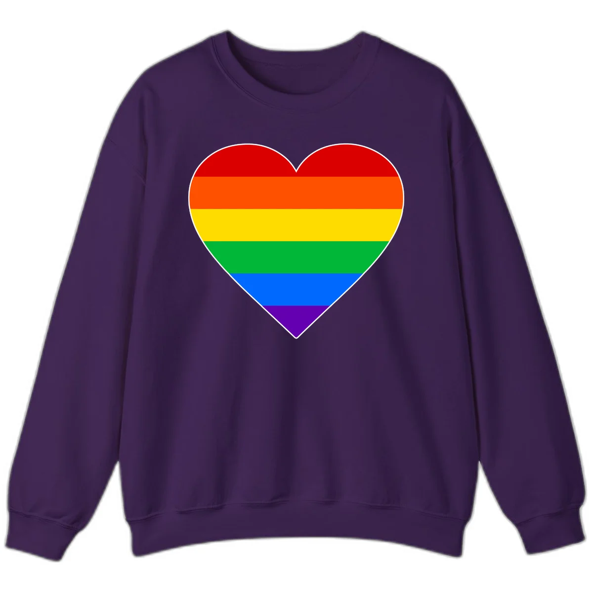 Rainbow pride heart with horizontal stripes in red, orange, yellow, green, blue, and purple colors on white outline in Purple