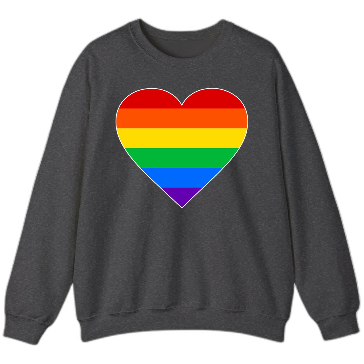 Rainbow pride heart with horizontal stripes in red, orange, yellow, green, blue, and purple colors on white outline in Dark Heather