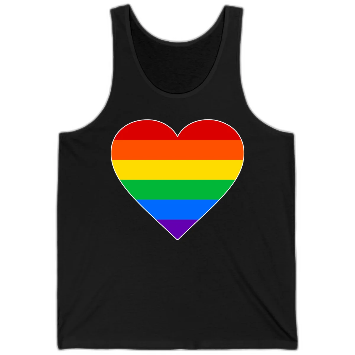 Rainbow pride heart with horizontal stripes in red, orange, yellow, green, blue, and purple colors on white outline in Black