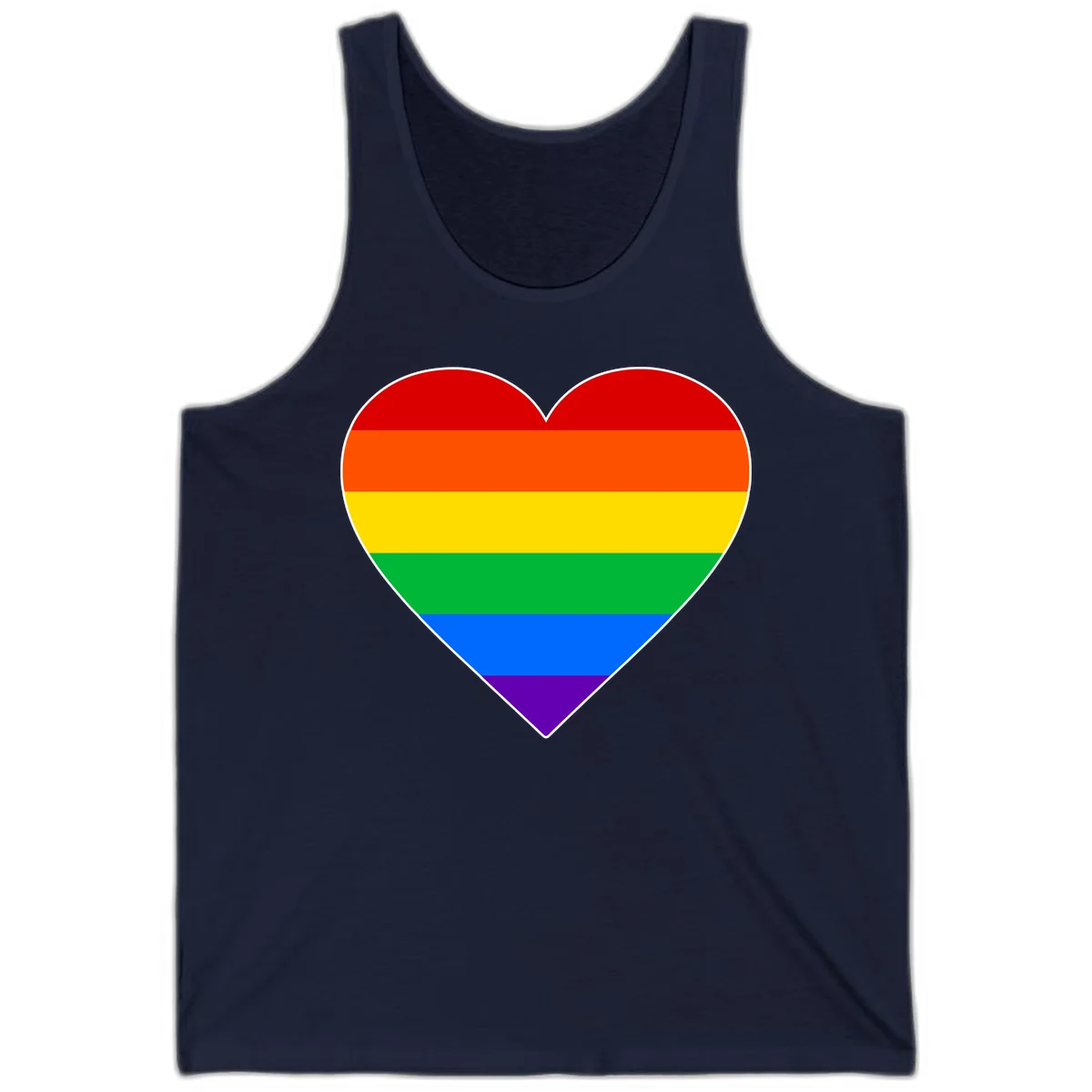 Rainbow pride heart with horizontal stripes in red, orange, yellow, green, blue, and purple colors on white outline in Navy