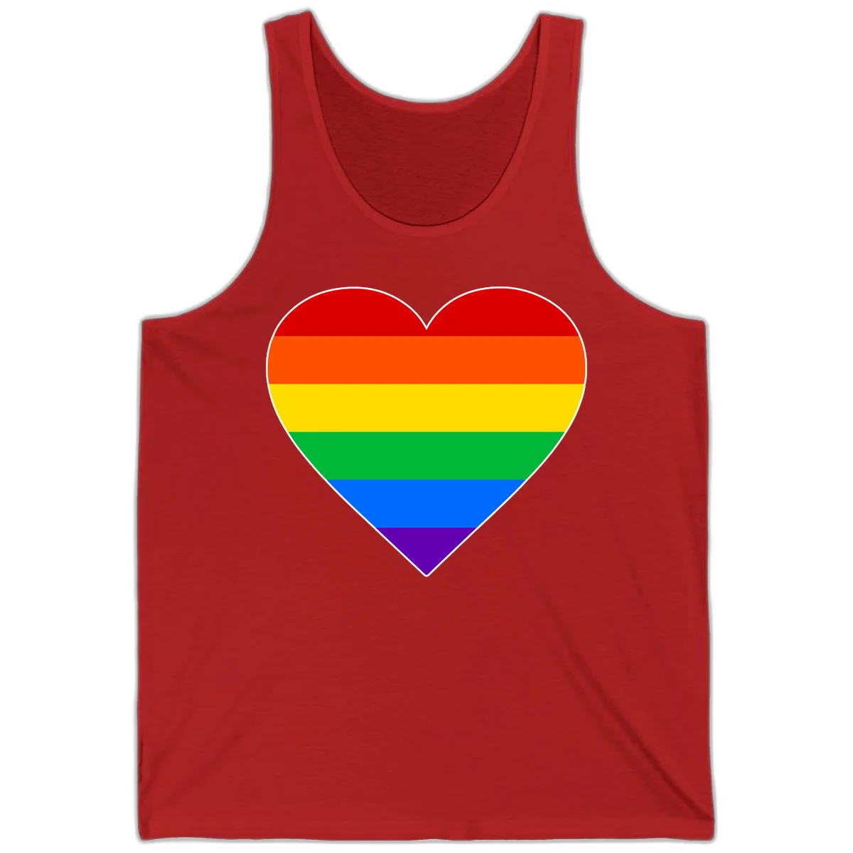Rainbow pride heart with horizontal stripes in red, orange, yellow, green, blue, and purple colors on white outline in Red