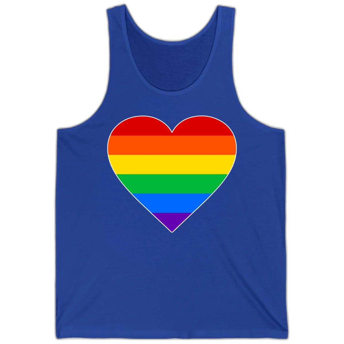 Rainbow pride heart with horizontal stripes in red, orange, yellow, green, blue, and purple colors on white outline in True Royal