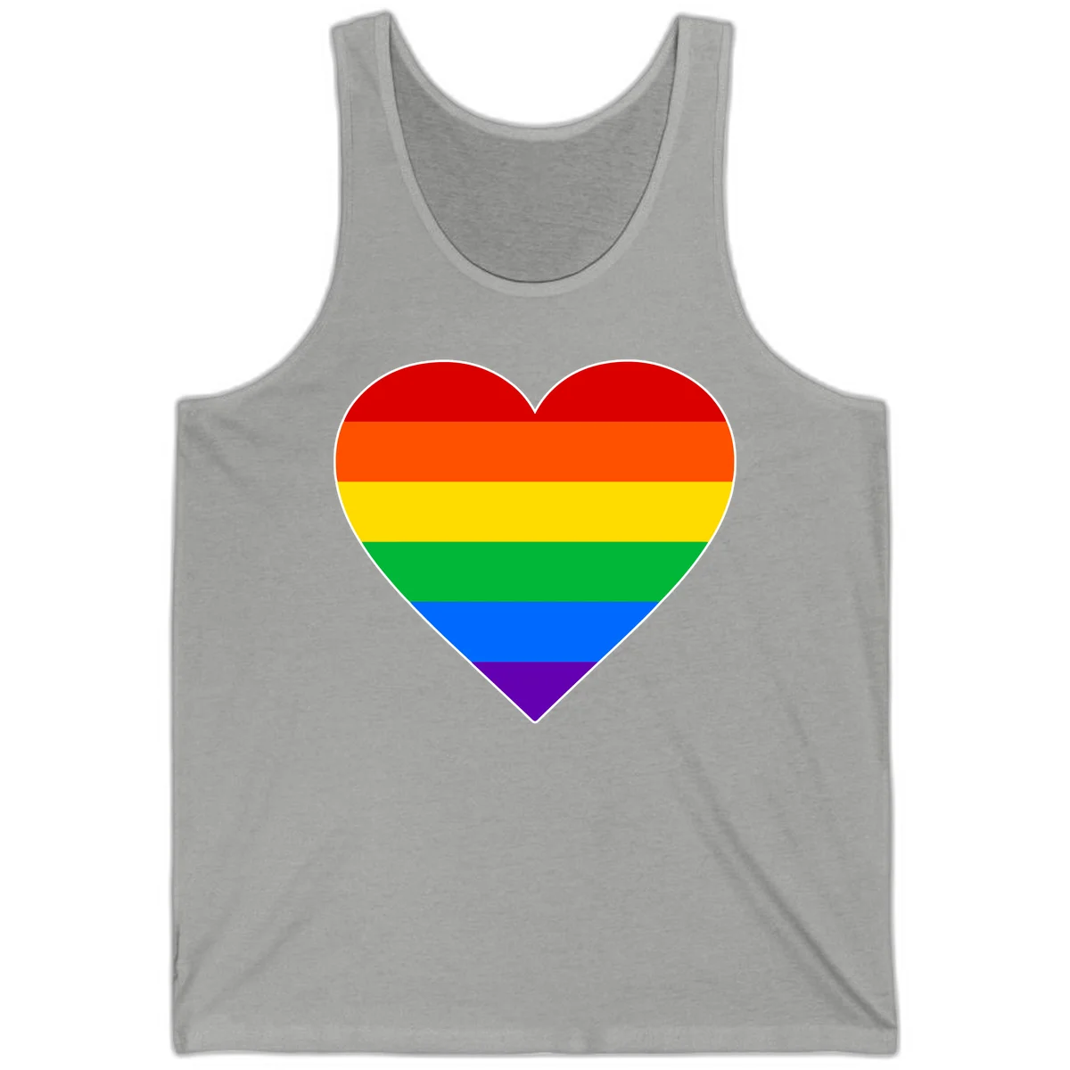 Rainbow pride heart with horizontal stripes in red, orange, yellow, green, blue, and purple colors on white outline in Athletic Heather