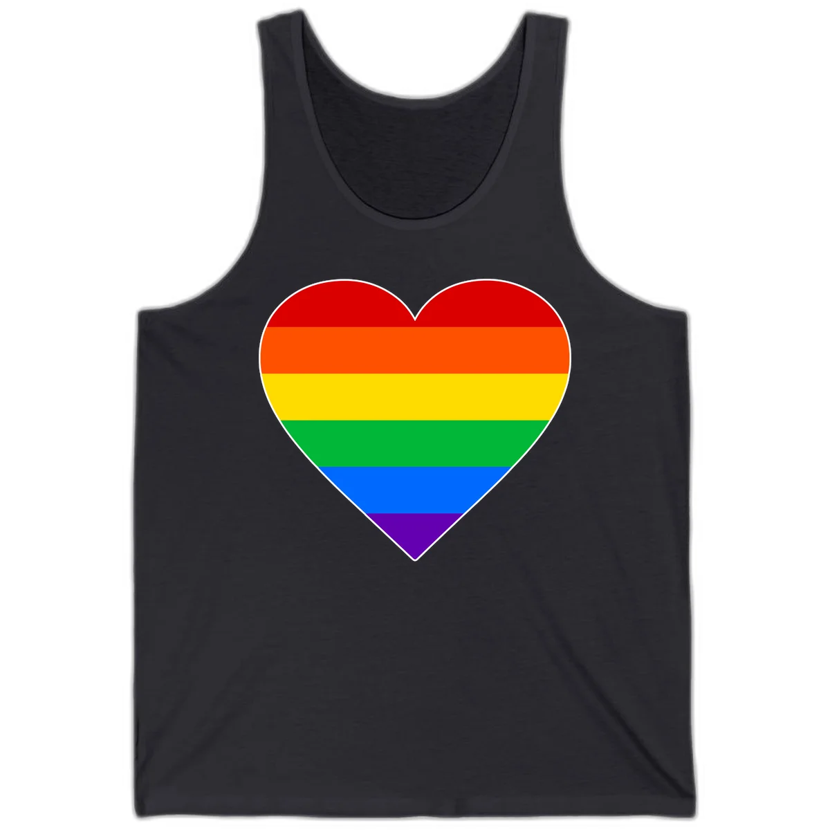 Rainbow pride heart with horizontal stripes in red, orange, yellow, green, blue, and purple colors on white outline in Dark Grey