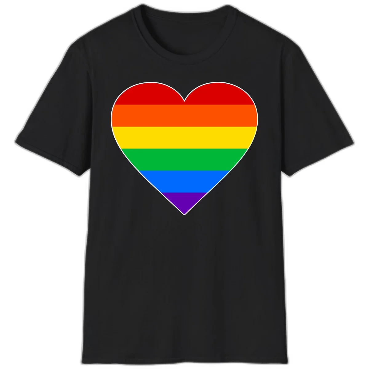 Rainbow pride heart with horizontal stripes in red, orange, yellow, green, blue, and purple colors on white outline in Black