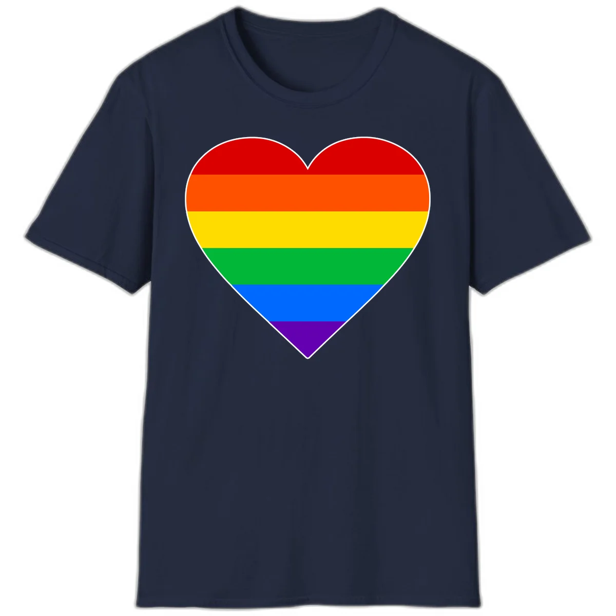 Rainbow pride heart with horizontal stripes in red, orange, yellow, green, blue, and purple colors on white outline in Navy