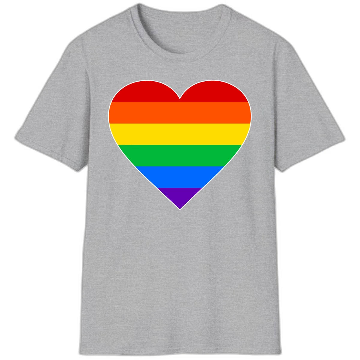 Rainbow pride heart with horizontal stripes in red, orange, yellow, green, blue, and purple colors on white outline in Sport Grey