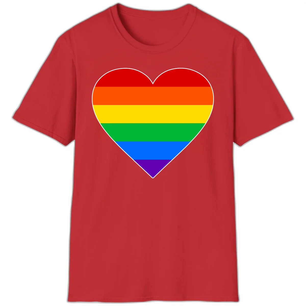 Rainbow pride heart with horizontal stripes in red, orange, yellow, green, blue, and purple colors on white outline in Red