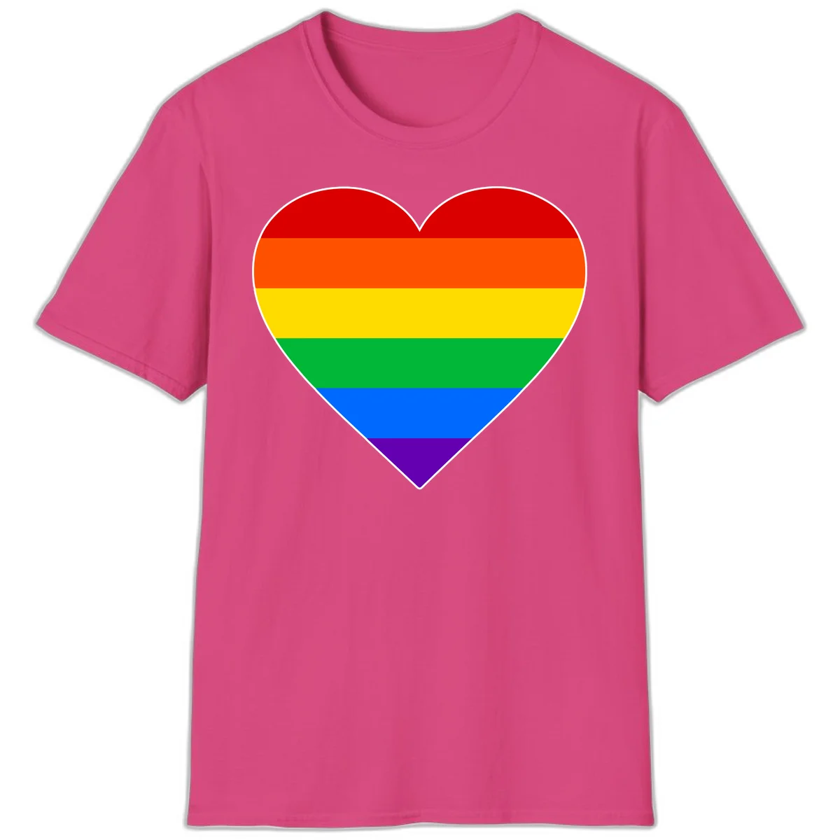 Rainbow pride heart with horizontal stripes in red, orange, yellow, green, blue, and purple colors on white outline in Heliconia