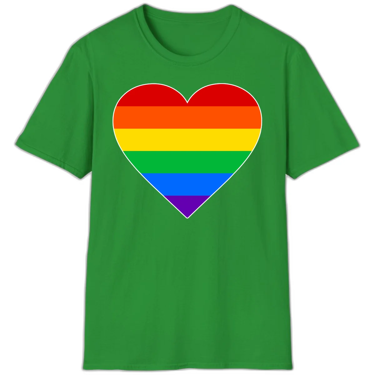 Rainbow pride heart with horizontal stripes in red, orange, yellow, green, blue, and purple colors on white outline in Irish Green