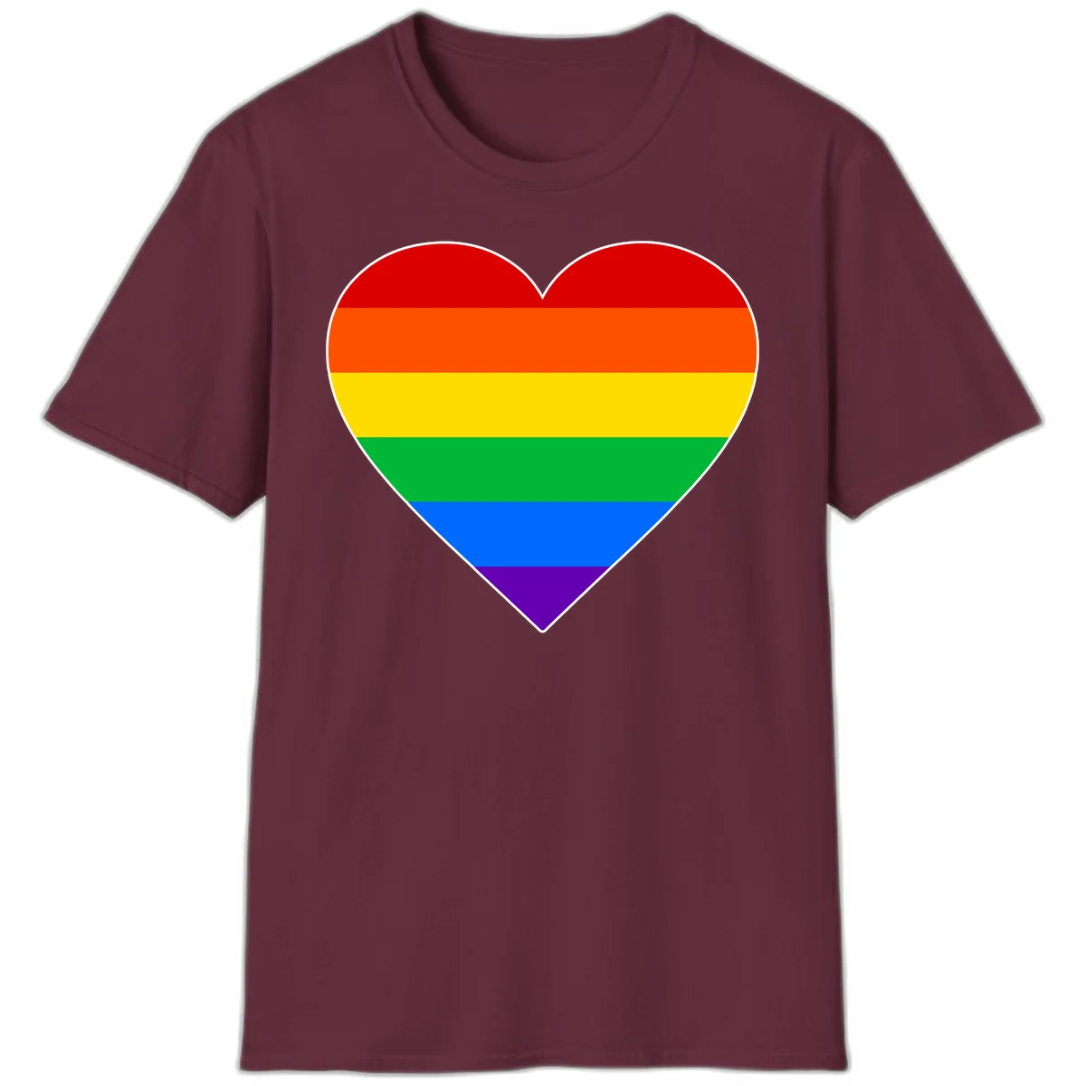 Rainbow pride heart with horizontal stripes in red, orange, yellow, green, blue, and purple colors on white outline in Maroon