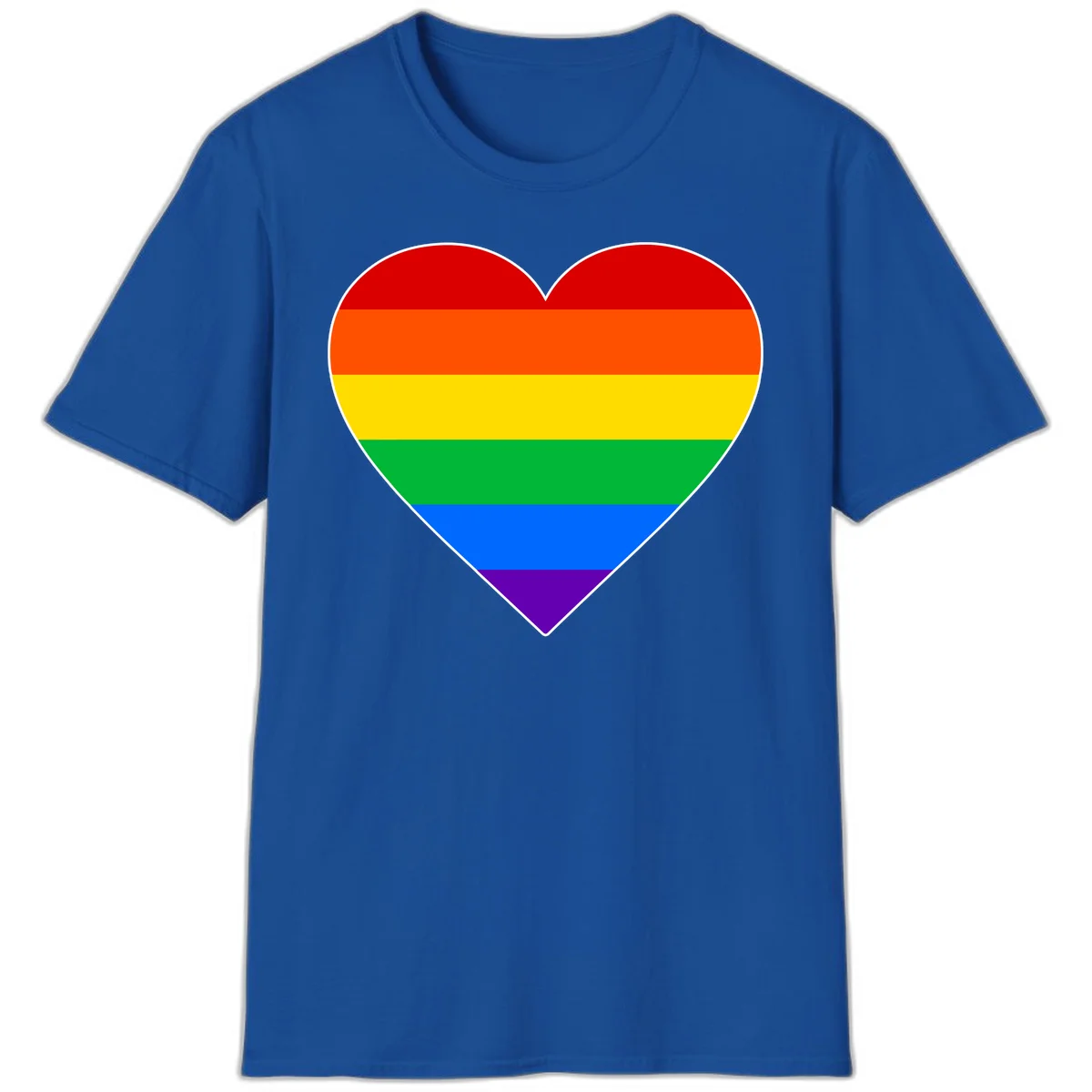 Rainbow pride heart with horizontal stripes in red, orange, yellow, green, blue, and purple colors on white outline in Royal