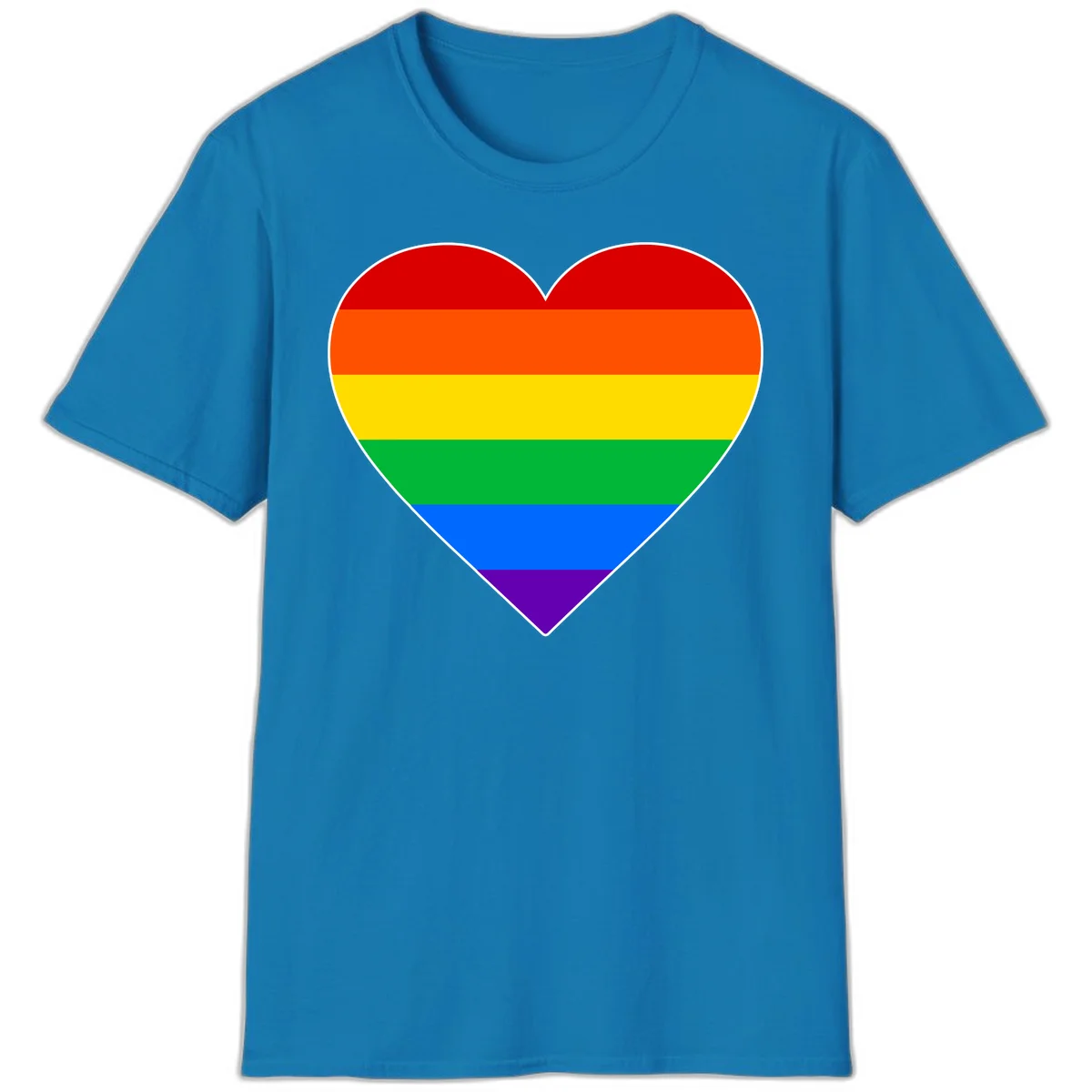 Rainbow pride heart with horizontal stripes in red, orange, yellow, green, blue, and purple colors on white outline in Sapphire