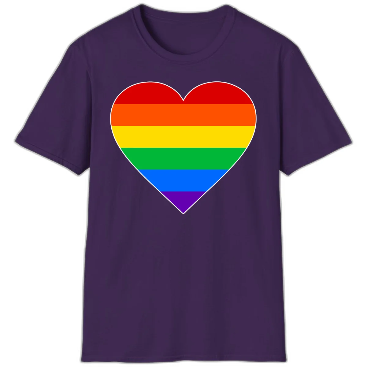 Rainbow pride heart with horizontal stripes in red, orange, yellow, green, blue, and purple colors on white outline in Purple