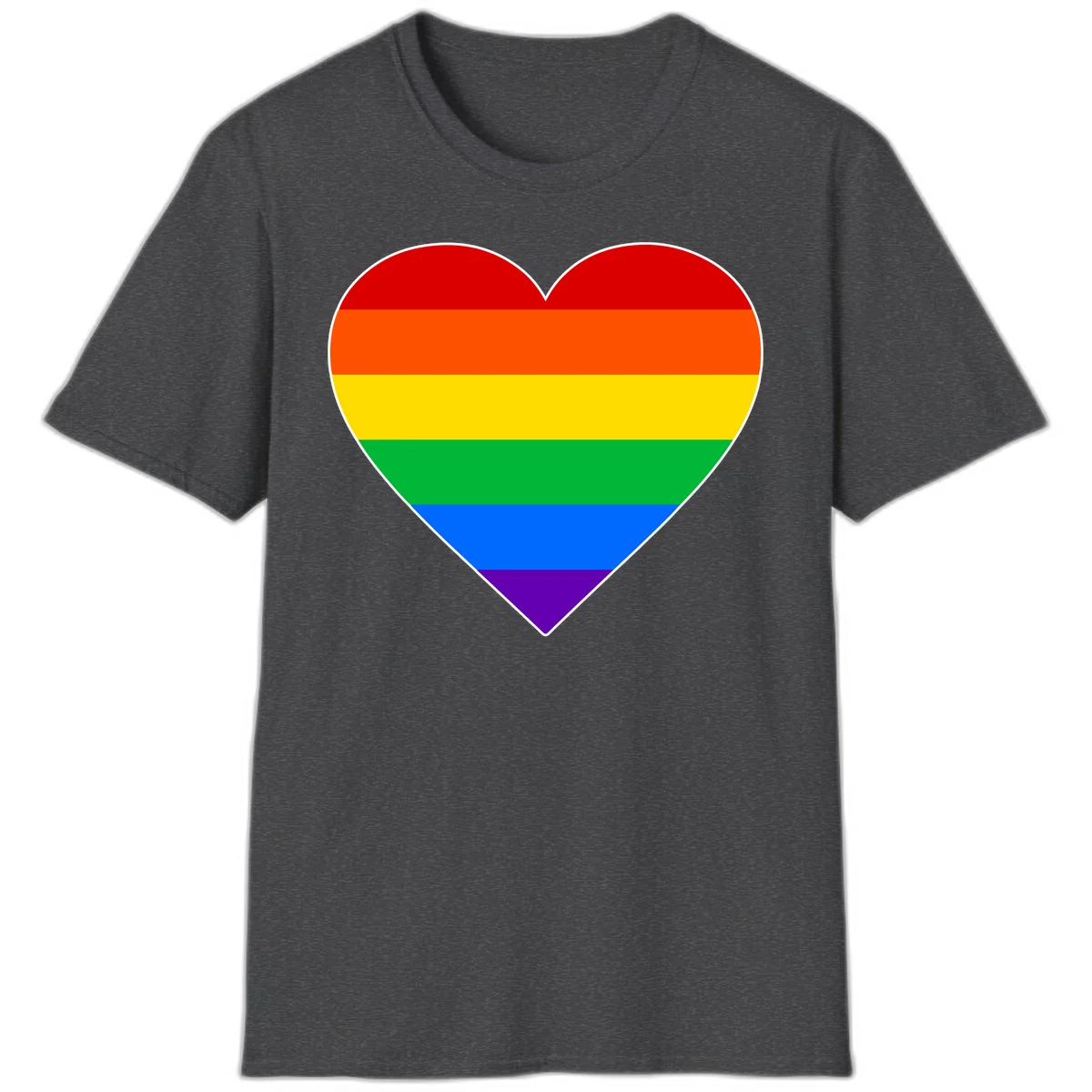 Rainbow pride heart with horizontal stripes in red, orange, yellow, green, blue, and purple colors on white outline in Dark Heather